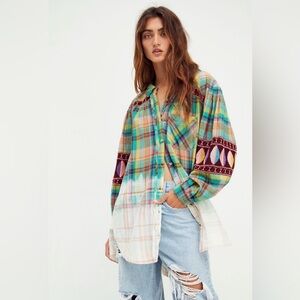 Free People Colorful Plaid Button-Down Shirt